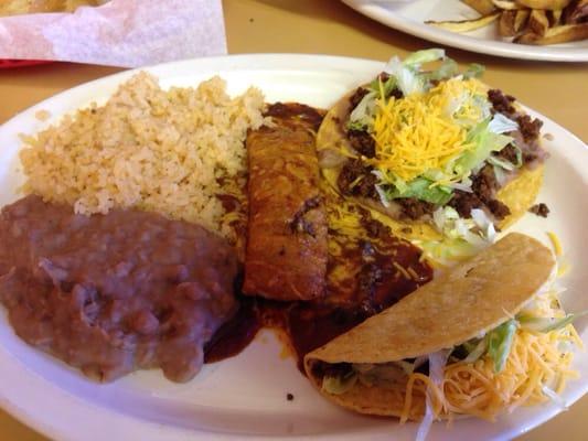 The combination platter. Taco, beef enchilada and chalupa with refrained beans and some of the best rice I've tasted!