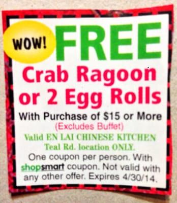 Free Crab Ragoon since dinner comes with an egg roll.