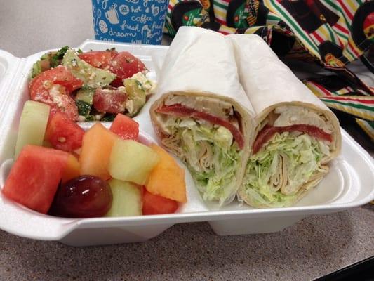 Chicken Pita Wrap with Greek salad and fruit as two sides. :)