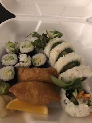 Veg rolls: avocado, cucumber, tofu, and vegetable rolls