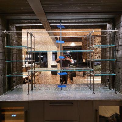 Custom Metal Frame Glass Shelves Whiskey Bar