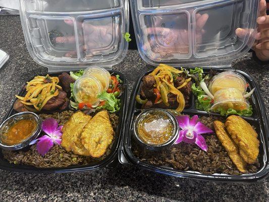 Griot/ fried pork, Djondjon rice, Pikliz, fried plantain, Salad & dressing