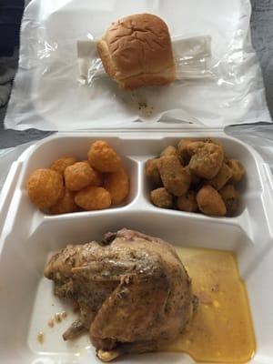 Corn nuggets, fried okra, baked chicken & a roll