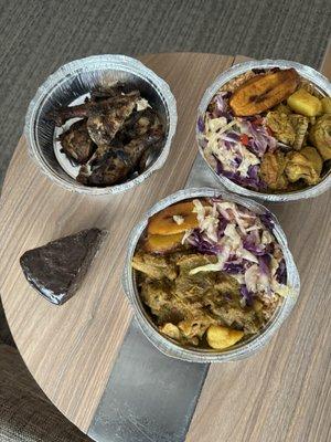 Jerk chicken(Top left), chicken curry(top right), Curry Goat(bottom right) and a piece of fruit cake.