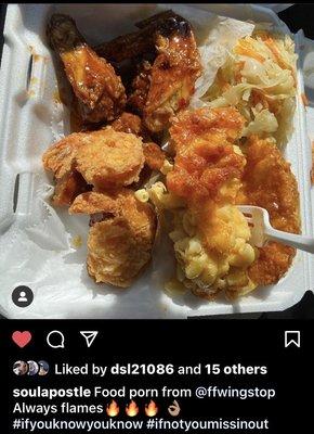 Baked Mac, Cabbage, fried wings, fried shrimp fried to perfection with sweet chili sauce for dipping