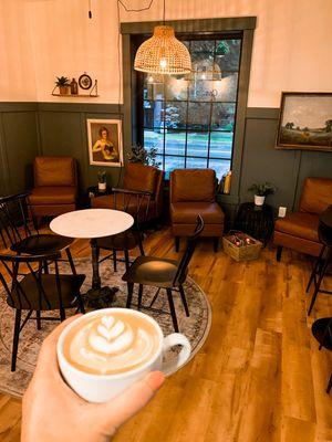 Latte and indoor seating