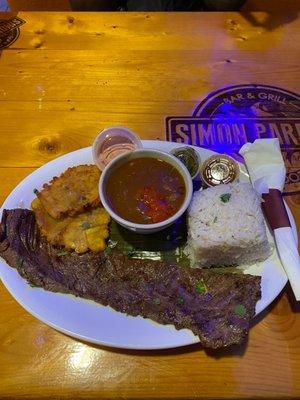 Skirt Steak with rice and beans (pinto)