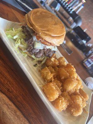 Cheeseburger with bacon and tots - tots were good but were pretty greasy. Burger was delicious