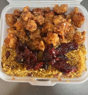 C 11 general tso chicken with pork fried rice and boneless spare ribs