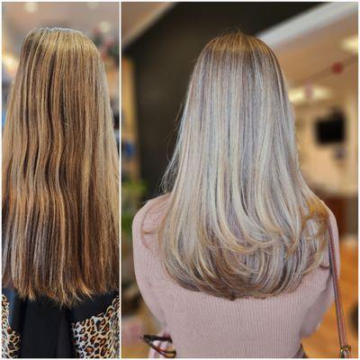 Before And After
  Full highlight
  Blond hair
 Long Layers
 Blowout