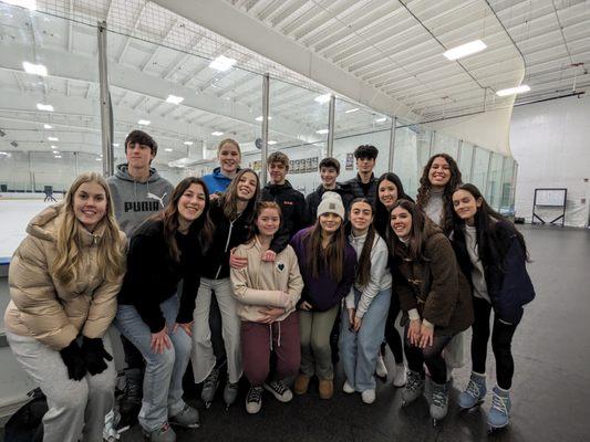 My exchange student and my daughter enjoying Ice Skating with a group of other exchange students.