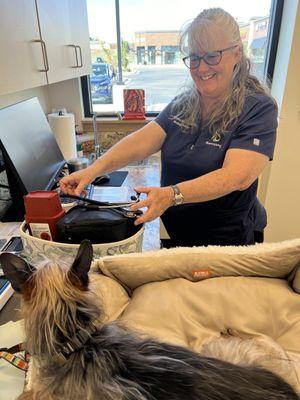 Dr Brown and Doug during an exam and acupuncture.