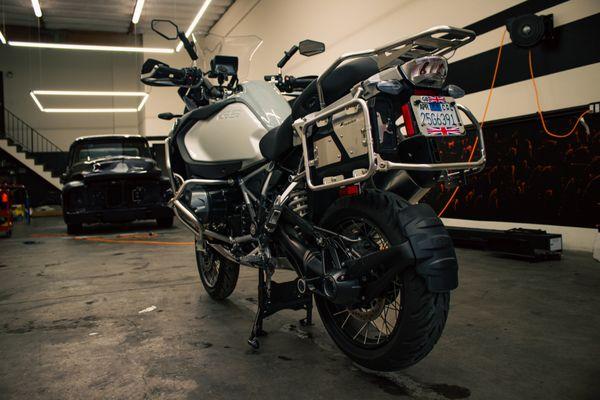 Paint Protection Film on BMW R1250 GS Motorbike. Rear view angle