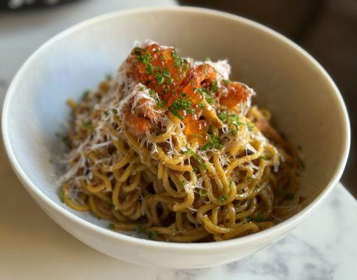 Việt Cajun Crawfish Noodles garlic noodles, basil buttered crawfish, parmesan, salmon roe