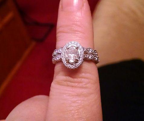 Gorgeous engagement ring with matching wedding band purchased at Greenmount.