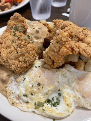 Ultimate biscuit and gravy plate with fried chicken