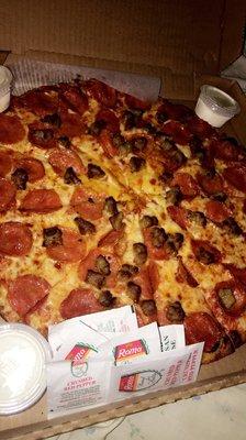 Pepperoni and Sausage!  Crispy crust and heavenly!