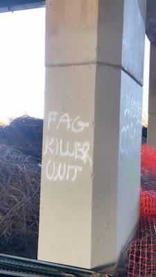 Words of hate and threats graffitied under the bridge. Sadly, this has been here for months now.