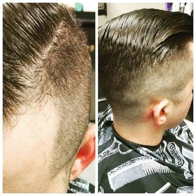 Men's fade with length on the top for a dapper look!
 Each men's cut includes Tea Tree Hair & Scalp Treatment!