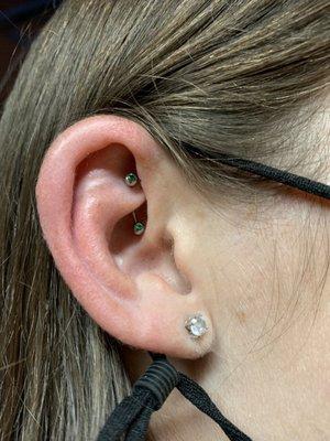 Rook piercing with green gemstone earring