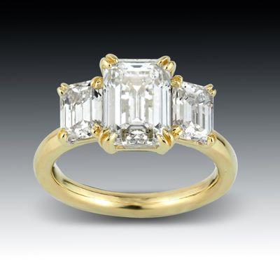 Custom Designed Three Stone Emerald Cut Diamond Engagement Ring