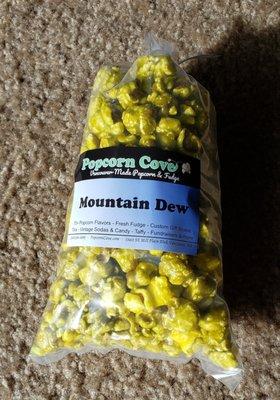 Mountain Dew flavored candy coated popcorn. The color is a bit alarming, but it's great!