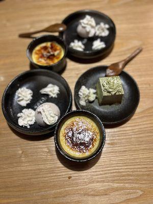 Crème Brûlée, Red Bean Mochi, Matcha Mousse Cake.