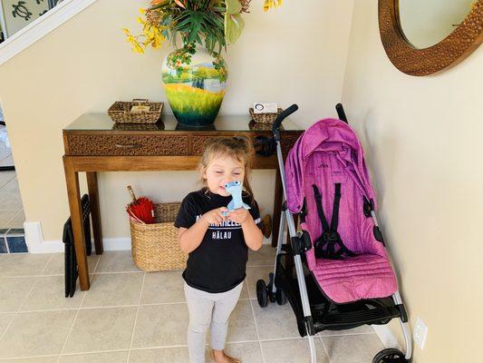 My helper making sure this lightweight stroller is ready!