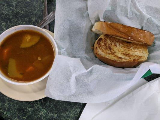 Fish soup and brioche that came with our shrimp quesadilla