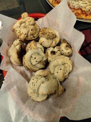 Garlic knots with Home made ranch... And red sauce... Tasty