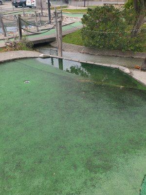 We skipped this hole. Cup was full of water and there was a hill that guaranteed your ball was going to go in that lake in the picture.