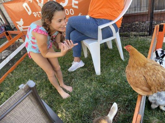 Savona coaxing the chicken to fly to her.