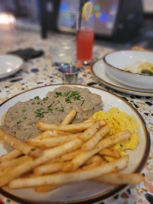 Biscuits and Gravy with vegan eggs and fries