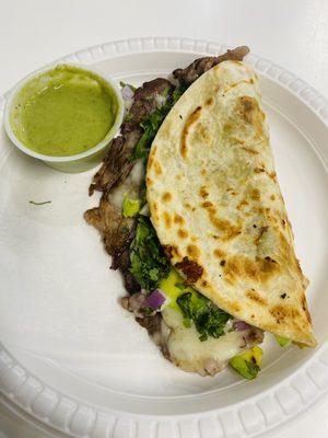 Tacos pirata mozzarella ,avocado rib-eye steak and flour tortilla