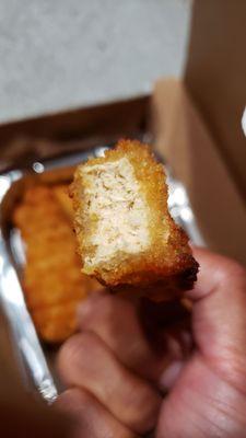 Plant-based Beyond chicken tenders ($10), interior. Not bad, but not any different than frozen vegan chicken nuggets from the grocery store.