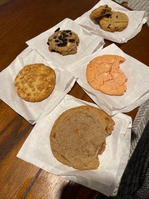 From bottom to top  1. Snickerdoodle with caramel  2. toffee  3. strawberry  4. Oreo  5&6 Chocolate chip