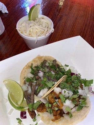 Al pastor and carne tacos, Traditional elote.