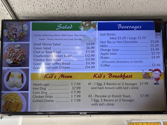 Salad, beverage and kids menu