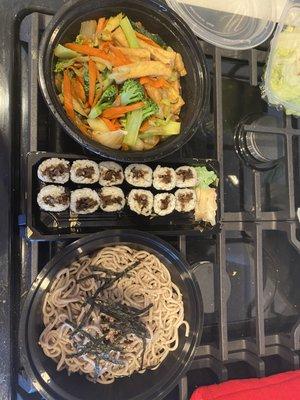 Yaki Yasai (tofu + stir-fried veggies) shiitake maki, zaru soba