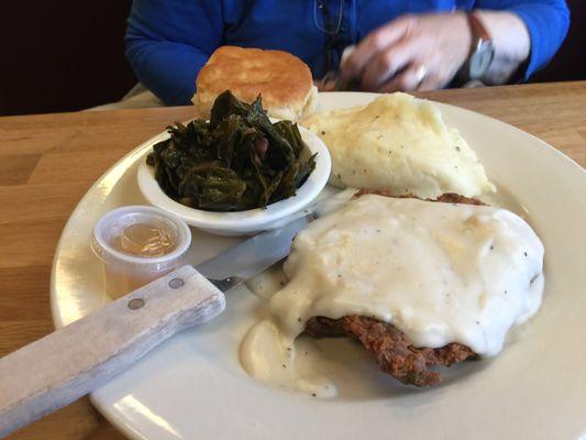 Country Fried Steak with Sawmill Gravy, real Mash Potatoes, and super Collards loaded with chunks of ham!