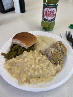 Special - chicken and dumplings, mashed potatoes, dressing, and green beans