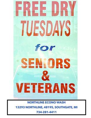 FREE DRY TUESDAY!!!
CALLING ALL SENIOR CITIZEN & VETS! COME ON IN TO WASH & WE'LL TAKE CARE OF YOUR DRY!!!