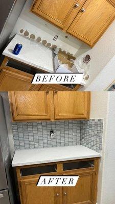 Before and after of our most recent backsplash installation