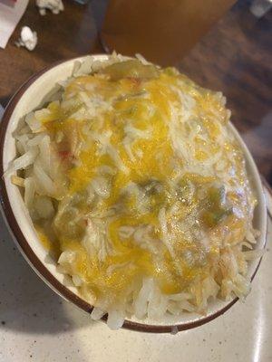 Hash browns cheese green sauce