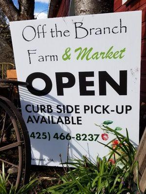 We are OPEN every day  until quarantine lifted.  But curbside at Off the  Branch is always available.