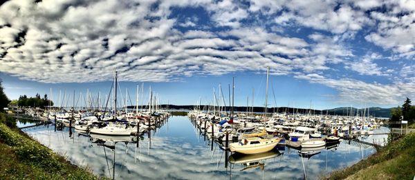 super wide angle panoramic view of sleepy sailboats