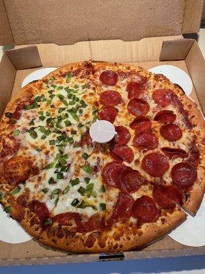 Large pizza 1/2 green peppers and 1/2 pepperoni