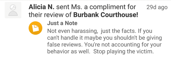 Courthouse worker stalking my yelp reviews and harassing me. Sad bunch.