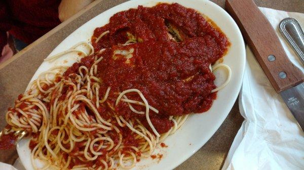 Chicken parmesan with pasta. Bland needs more ingredients in the sauce