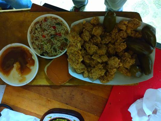 Gizzards and Cajun rice and potatoes.